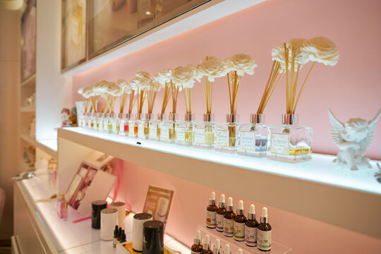 HONG KONG, CHINA - DECEMBER 04, 2023: fragrance reed diffusers displayed inside Floroma store in New Town Plaza shopping mall. Floroma is a perfume brand in Hong Kong.