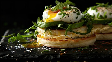Warm English muffin with cheese, fresh arugula, and creamy hummus on top with a big space for text or product, Generative AI. - obrazy, fototapety, plakaty