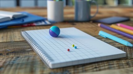 notebook on a table with balls on it
