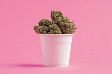 Dried cannabis buds in a paper cup for ice cream on a pink background