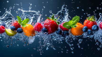 Beautiful water splash from various fruits on a beautiful dark blue background. Generative ai 