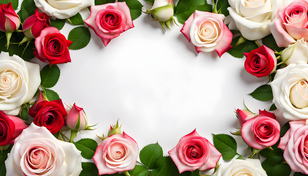 Cinema screenshot image view of wonderful fresh colored rose flowers border on white background