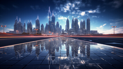 Sunset Over a Sci-Fi City with Reflective Ground Grid