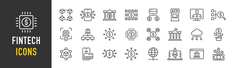 Fintech web icons in line style. Digital banking, insurtech, fintech, cryptocurrency, neobank, cloud tech. Vector illustration.