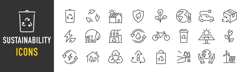 Sustainability web icons in line style. Ecology, recycle, nature, sustainability, green factory. Vector illustration.