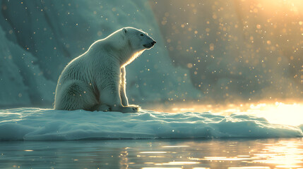 A polar bear sits atop an ice floe in a blue, cloud-filled sky. The sun shines brightly on the water below. - obrazy, fototapety, plakaty