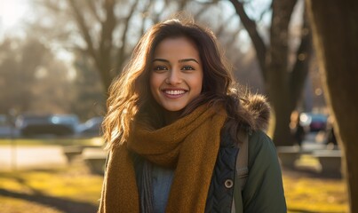smiley Indian woman looking at the camera in winter wear standing in a park, greenery natural background, and morning sun from behind