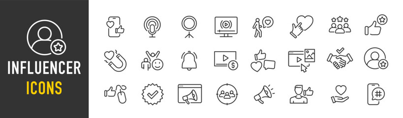 Influencer web icons in line style. Content, community, promotion, influencer, social media, ambassador. Vector illustration.