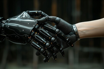 A person holds a robotic hand in their right hand, showcasing the interaction between human and machine
