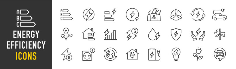 Energy efficiency web icons in line style. Green enegry, power plant, planet care, protection, solar energy. Vector illustration. © iiierlok_xolms