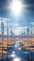 Advanced solar farms in a barren desert, harnessing sunbeams with dynamic mirrors, glowing under a hot sky