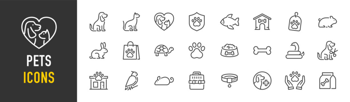 Pets web icons in line style. Dog, cat, rabbit, hamster, bird, bone, pets, vet help. Vector illustration.