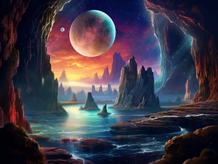 Papier Peint photo Aubergine Ethereal landscape with a vivid lunar rainbow arching over glowing rocks, a surreal night scene