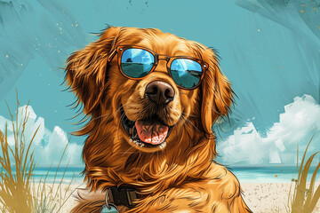 Illustration portrait of golden retriever dog at beach wearing sunglasses. holiday concept. generative ai.