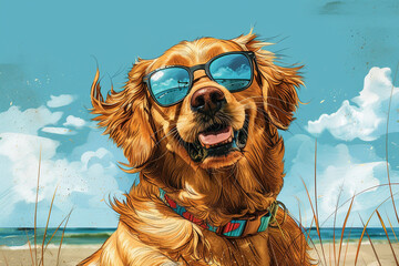 Illustration portrait of golden retriever dog at beach wearing sunglasses. holiday concept. generative ai.