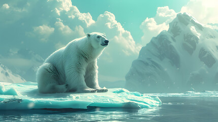 A polar bear sits atop an ice floe in a blue, cloud-filled sky. The sun shines brightly on the water below.