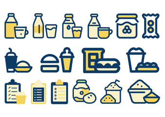 Set of flat food, milk, fast food, menu icon, vector illustration.