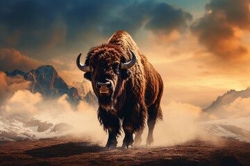a bison standing in the desert