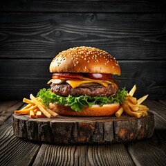  tasty hamburger with french fries