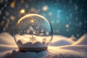 Fototapeta na wymiar Holiday Card. Transparent Snow globe with snow and snowflakes inside. Christmas glass ball on snow. Generative AI