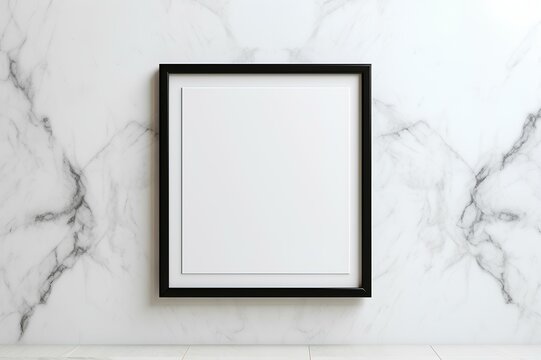A close-up shot of a simple black frame against a luxurious white marble background, showcasing elegance and modern design.