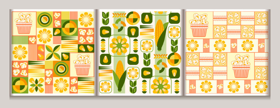 Seamless geometric patterns with icons of popcorn, corn cob, corn grains, abstract geometric shapes. For branding, decoration of food package, decorative print