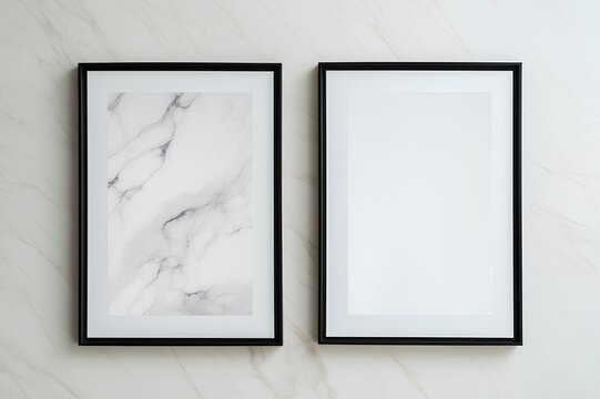 A close-up shot of a simple black frame against a luxurious white marble background, showcasing elegance and modern design.