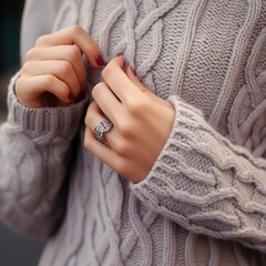 Manicure of female hands with silver ring close up view wearing knitted sweater. Woman in winter clothes. Photography of people, thin hands make a close-up, cozy