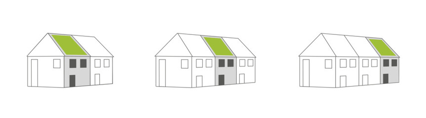 Set Icons, minimalistische Darstellung von Häusern mit Solaranlage. Giebel- , Vektor Zeichnung