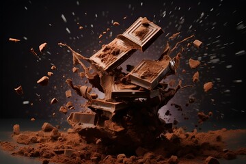 A dynamic shot capturing the moment of a chocolate bar breaking apart, with cocoa particles suspended in the air.