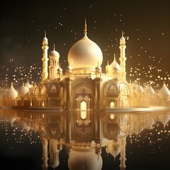 Golden Majesty: A 3D Rendering of an Islamic Ramadan Kareem Greeting, Featuring a Stately Mosque