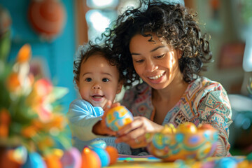a woman and a baby are decorating easter eggs at a table - obrazy, fototapety, plakaty
