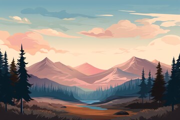 a landscape of a mountain range with trees and a river - Powered by Adobe