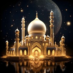 Golden Majesty: A 3D Rendering of an Islamic Ramadan Kareem Greeting, Featuring a Stately Mosque