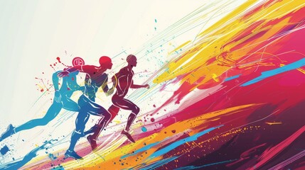 Abstract illustration of runners in motion with a vibrant explosion of color splatters, capturing movement and energy.