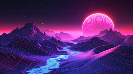 Synthwave-inspired digital landscape with neon grid mountains and a radiant sunrise against a starry night sky.