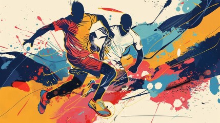 Abstract artwork capturing the intense movement of soccer players with splashes of bright, bold paint strokes.