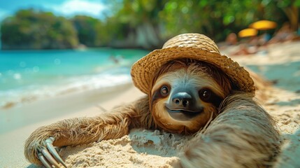 a funny lazy sloth with a straw hat on a tropical beach, a sloth laying on the ground, a sloth on a tropical beach, a relaxed sloth, a cute sloth