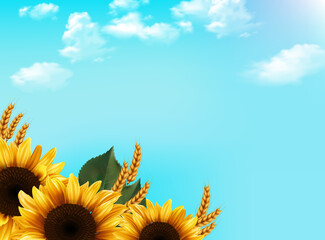 Sunny day. Summer background with sunflowers on blue sky.