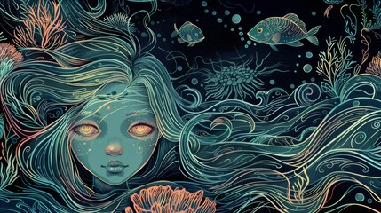 Artistic illustration of an ocean nymph with flowing hair intertwined with marine life, set in a vibrant underwater scene.