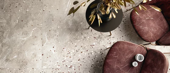 Deurstickers Stylish contemporary interior space featuring concrete textures and bold maroon accents © Daniel