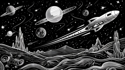 Retro-inspired black and white illustration featuring a space rocket navigating through a solar system with varied planets and stars.