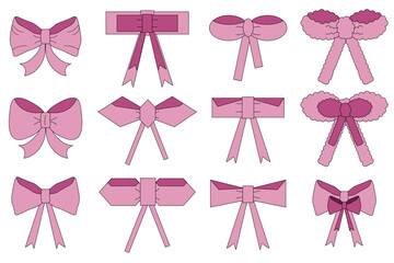 Pink Present Bow with Ribbon set. Pink Gift Bow isolated white background. Collection Birthday Ribbon in trendy flat style. Vector illustration EPS 10 Editable stroke.