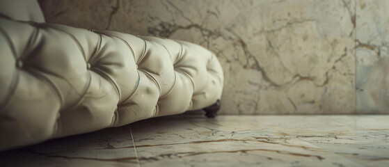 A luxurious beige tufted leather couch stands against a marble texturized wall in a modern minimalist setting