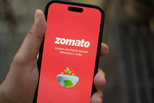 Zomato food Delivery app on phone,  Indian restaurants finder and food delivery company : Delhi India February 2024