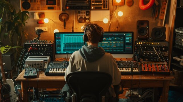 One man produce electronic music in project home studio. Sound and audio production in professional recording studio by producer