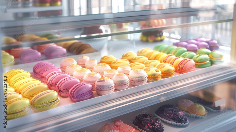Poster a display case filled with an assortment of brightly colored macarons and handdecorated sugar cookie