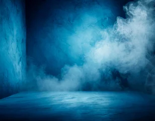 Poster dark blue room abstract cement wall with smoke float up background © OceanProd