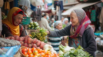 Closeup portrait of two happy old women selling and buying fresh vegetables in local bazaar
