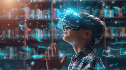 Kid wearing virtual reality goggles, Future technology concept. - obrazy, fototapety, plakaty